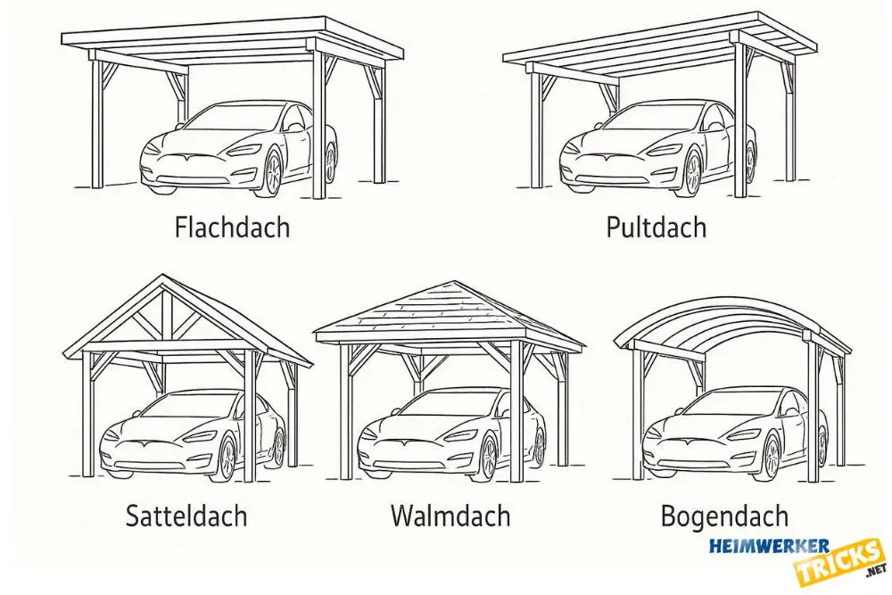 Verschiedene Carport-Dachformen: Flachdach, Pultdach, Satteldach, Walmdach und Bogendach im Vergleich.